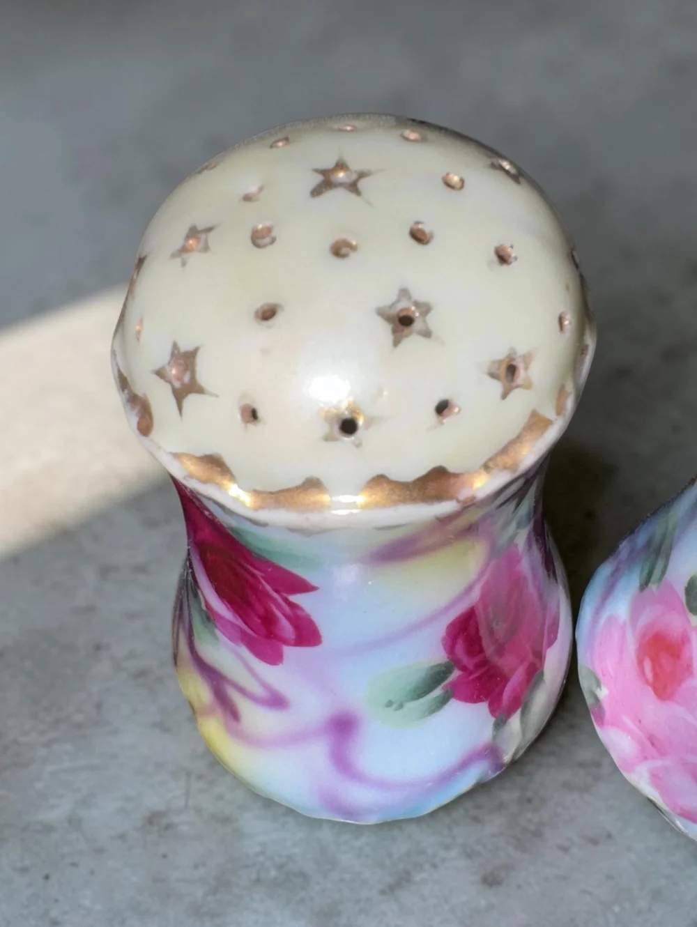 Vintage Porcelain Salt Pepper Shakers Hand Painted Roses Gold Gilt Cork Pair